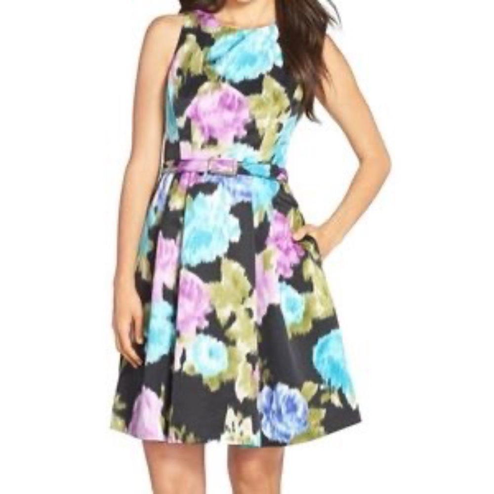 Eliza J. Teal/Purple/Black Belted Floral Blotch‎ Print Dress Sz 6P